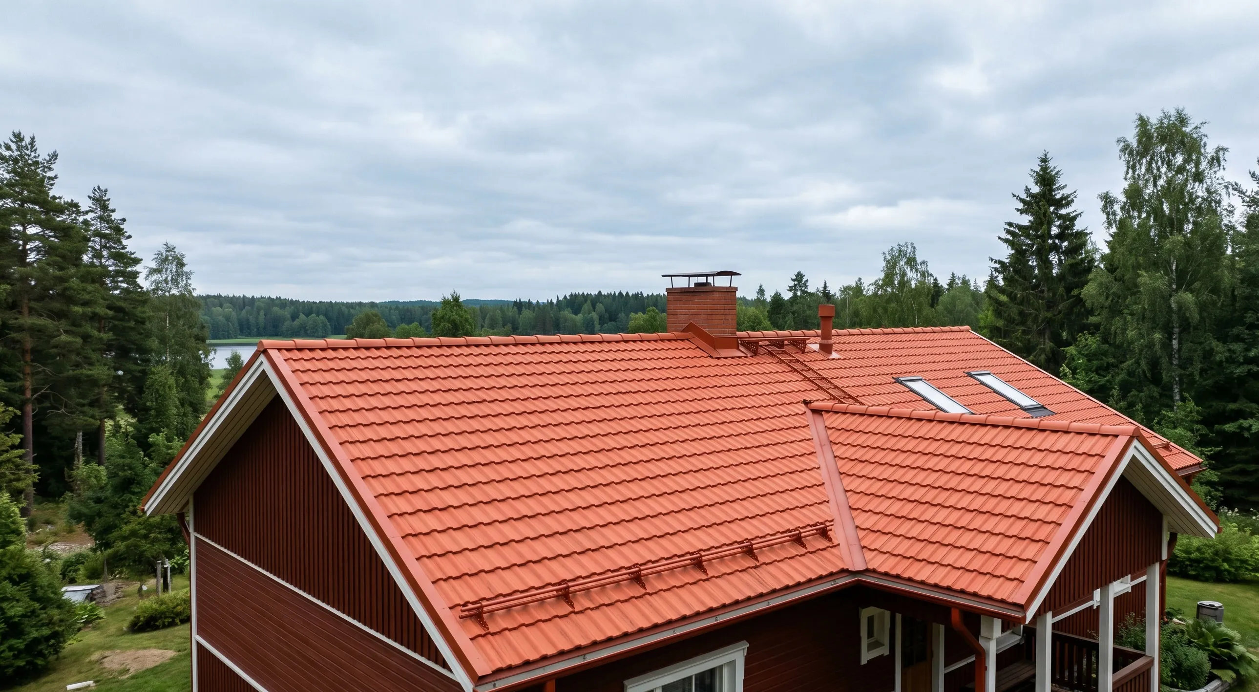 Punaisen omakotitalon tiilikatto järvimaiseman äärellä