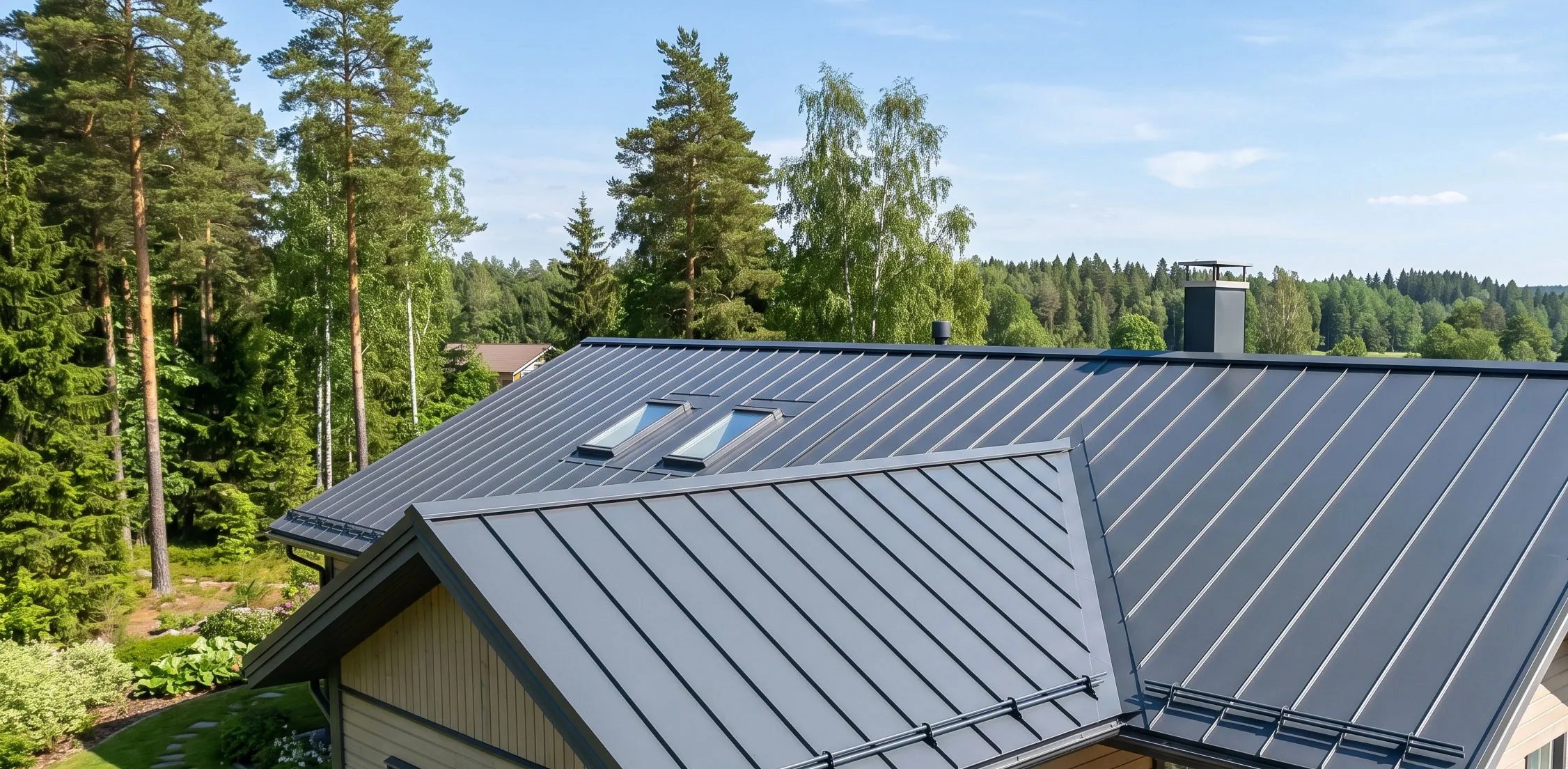 Tummanharmaa saumapeltikatto ja kattoikkunat omakotitalon katolla